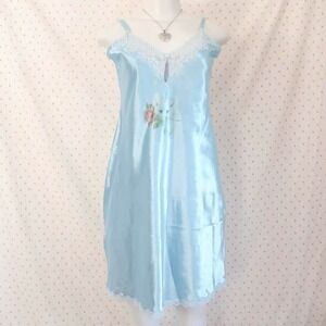 blue satin kitten slip dress medium vintage lace nightgown y2k